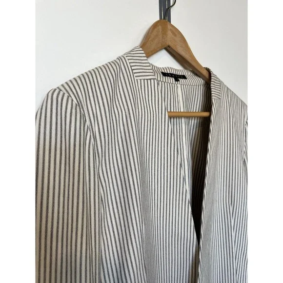 Theory White Navy Pinstripe Lanai Canvas Open Front Blazer Size 10 - Picture 4 of 8